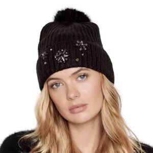 Victoria’s Secret Black Sparkle Pom Pom Beanie with Snowflake Embellishments NWT